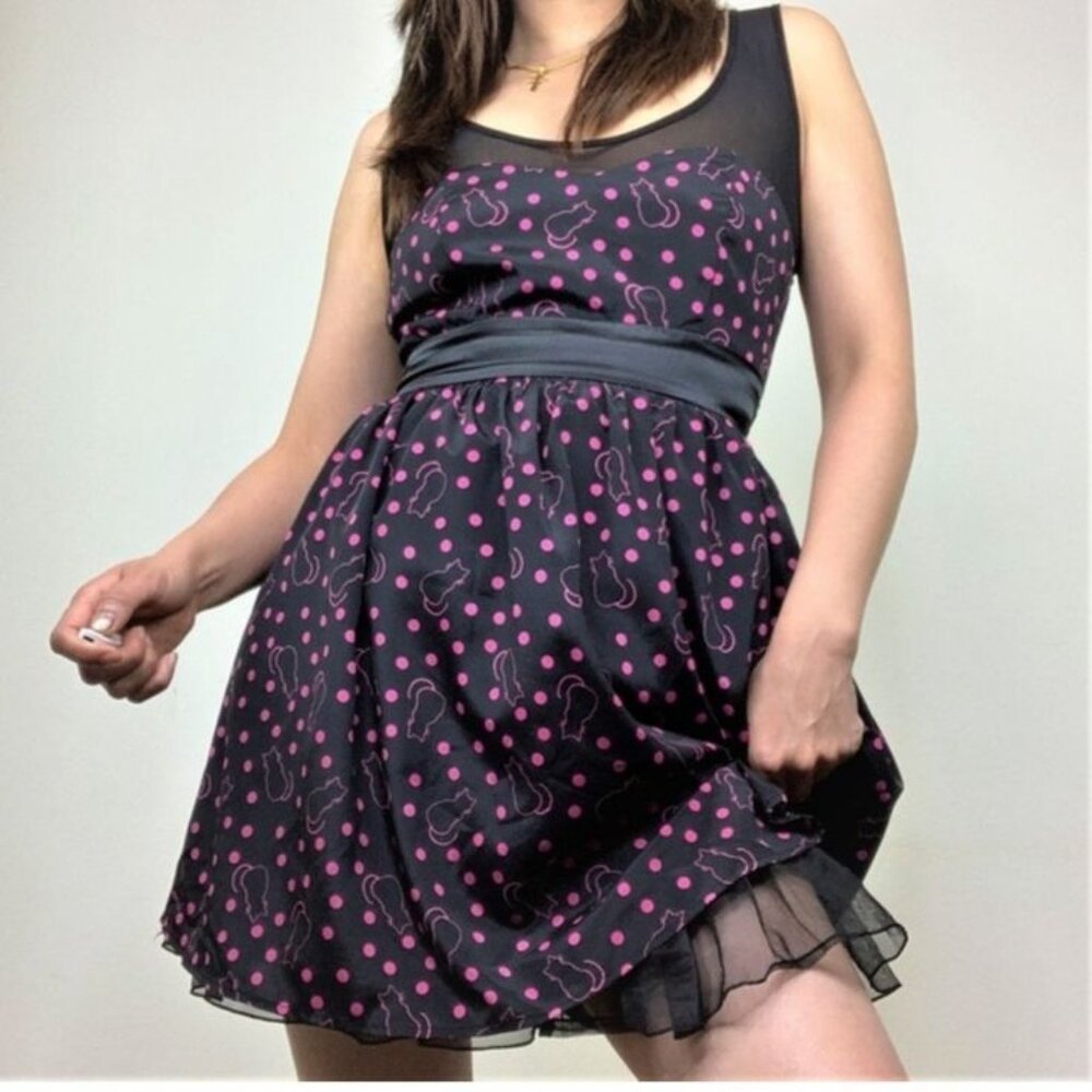 Hot Topic Dress Kitty Cat Retro Pinup Polka Dot Black Pink 50s Rockabilly MEDIUM